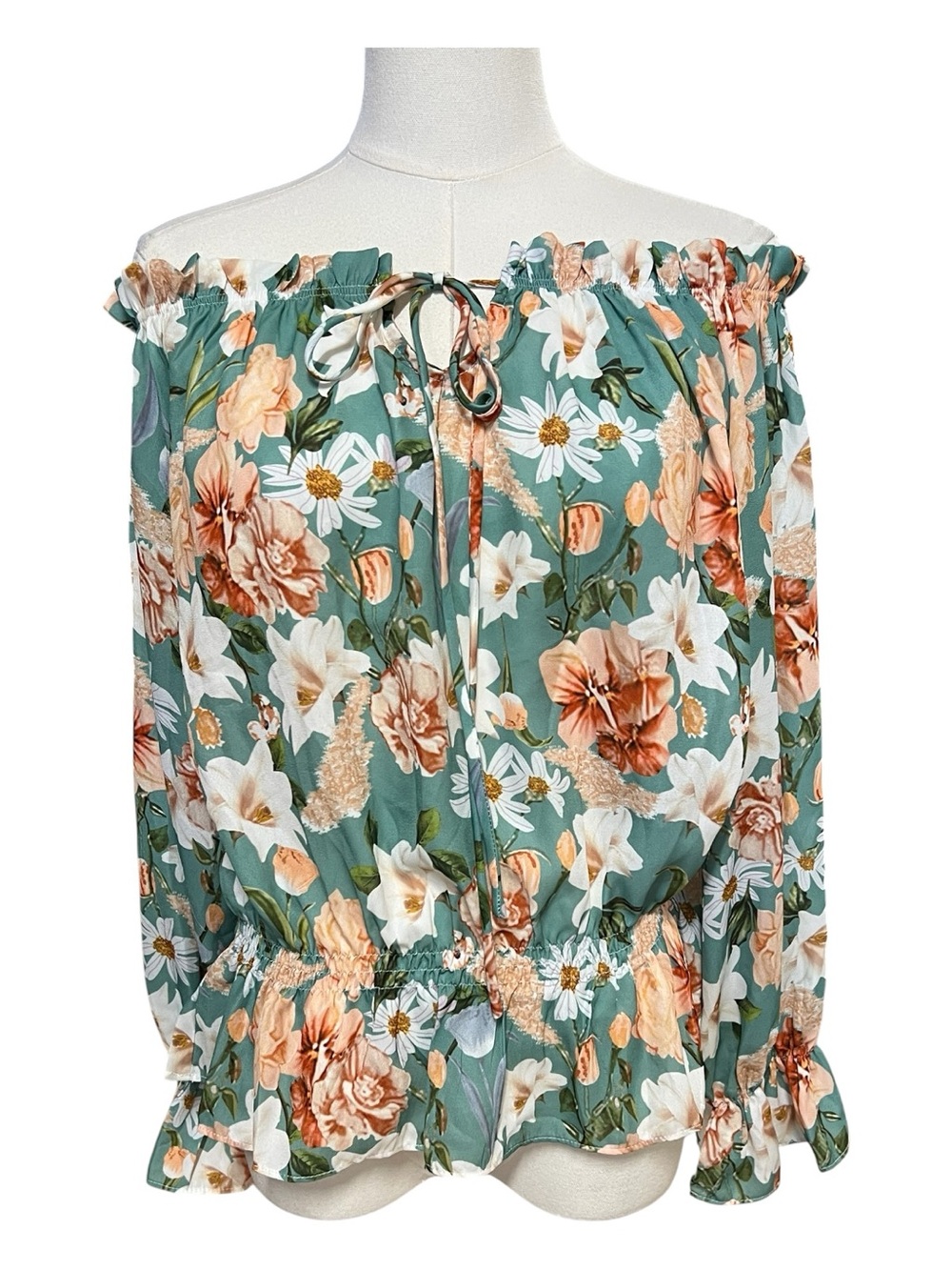NWOT Sage Green Peach Floral Smocked Peplum Blouse | Size M